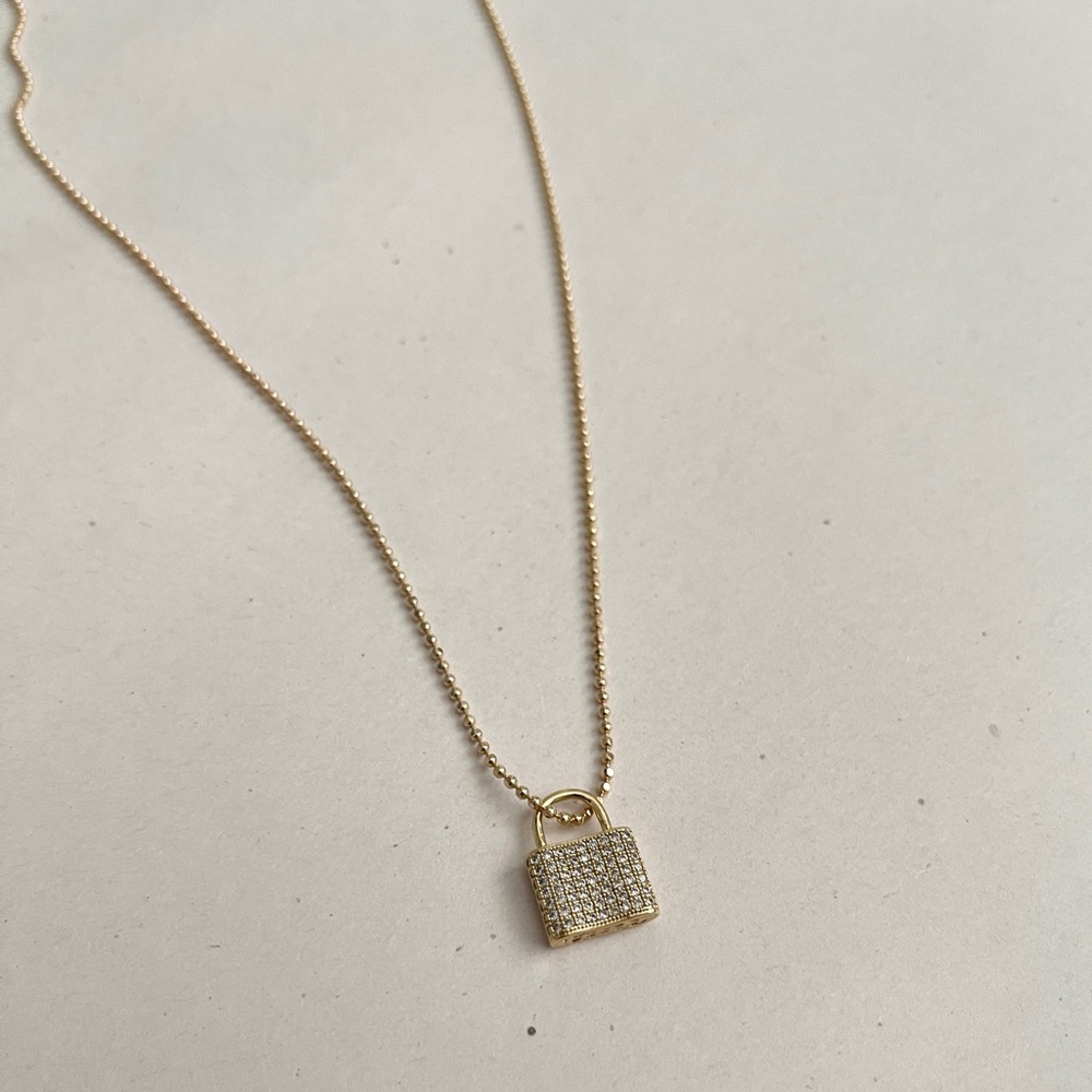 14” ball chain necklace with cubic zirconia lock pendant